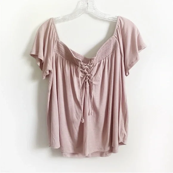 American Eagle shirt blush pink lace up off the shoulder flowy - Picture 2 of 10